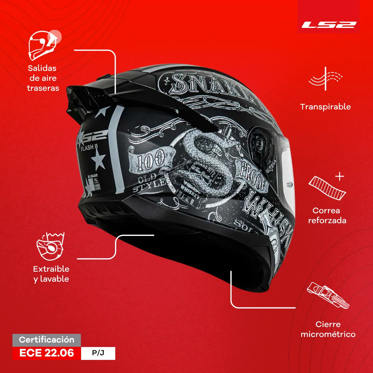 Casco Integral LS2 Con Intercomunicador integrado Flash Serpent Negro Gris Rojo Mate FF802