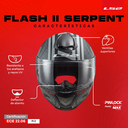 Casco Integral LS2 Con Intercomunicador integrado Flash Serpent Negro Gris Rojo Mate FF802