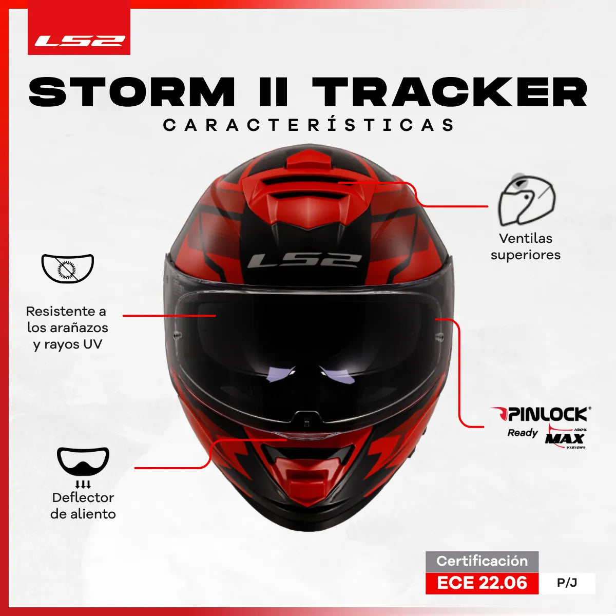Casco Integral Ls2 Storm II Tracker Negro Rojo FF800 Brillo